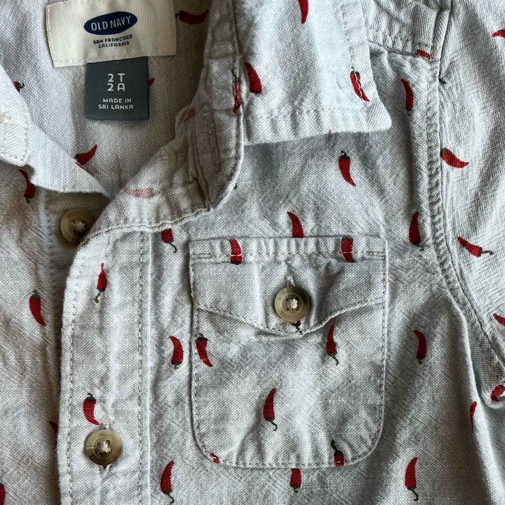 Old Navy Toddler Boy Short Sleeve Button Down Shirt Hot Peppers 2T Gray & Red